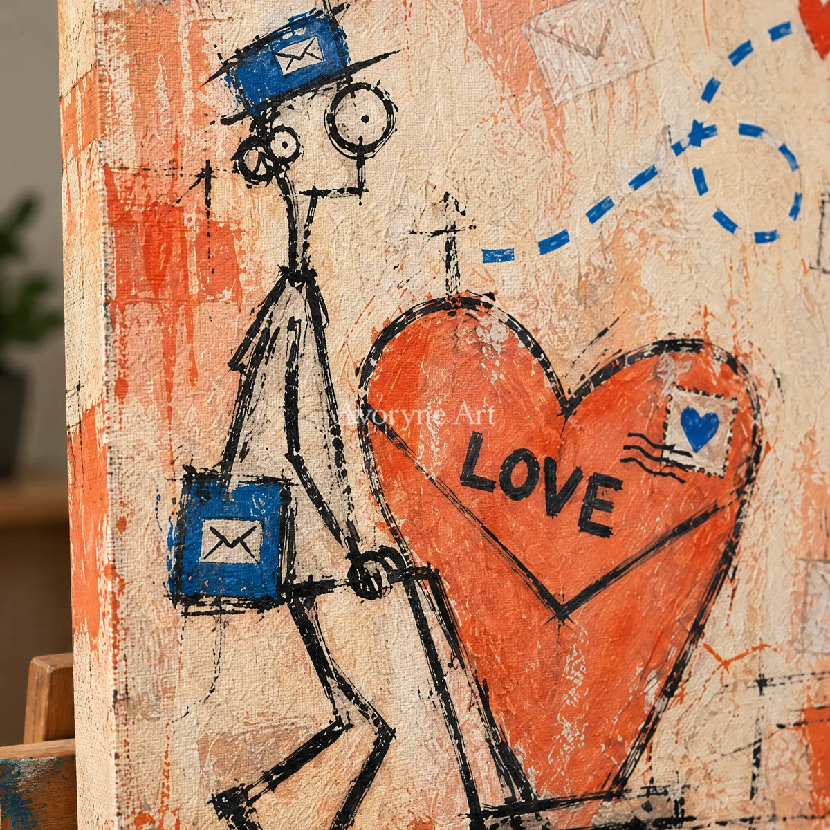 Close-up of the hand-painted texture of Distant Trace graffiti figure diptych on an easel