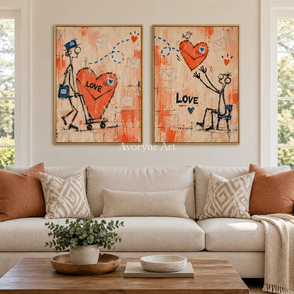 Distant Trace graffiti figure diptych with a gold frame hanging in a living room