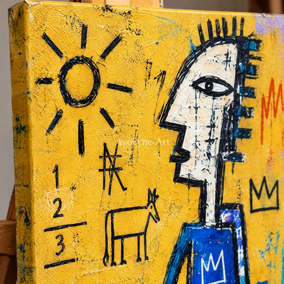 Close-up of the hand-painted texture of Soft Trace graffiti figure triptych on an easel