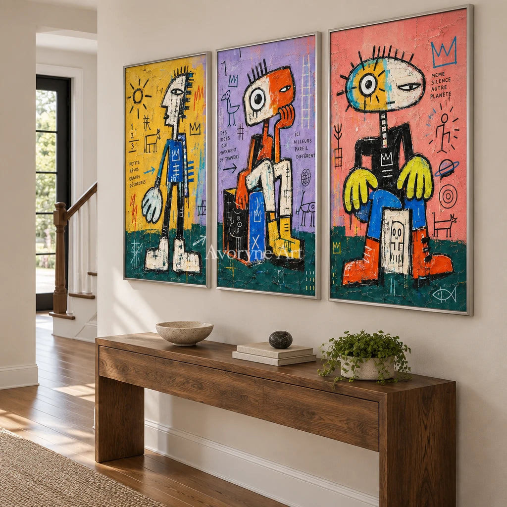 Soft Trace graffiti figure triptych with a silver frame in an entryway