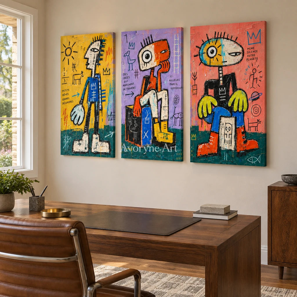 Soft Trace graffiti figure triptych as a frameless stretched canvas in a home office
