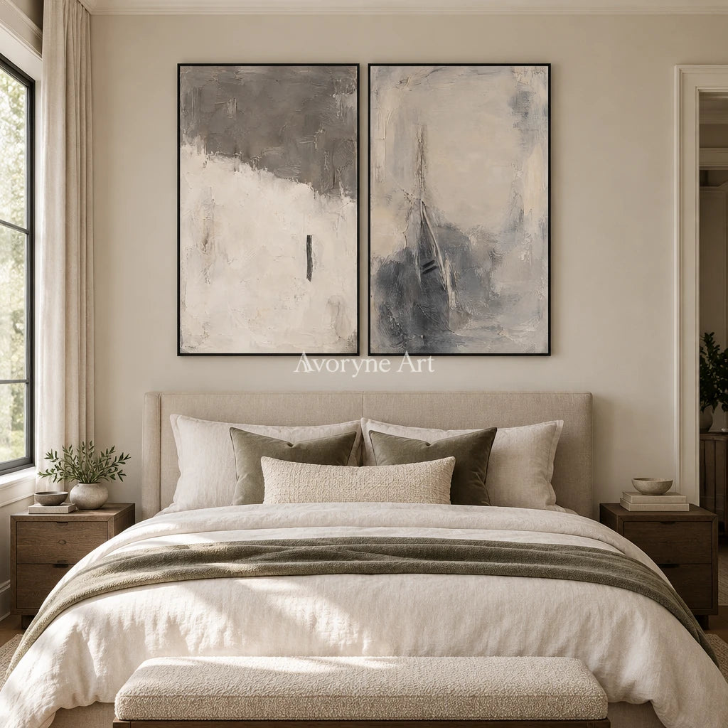 Ash Interval: Gray Abstract Diptych Art — bedroom black
