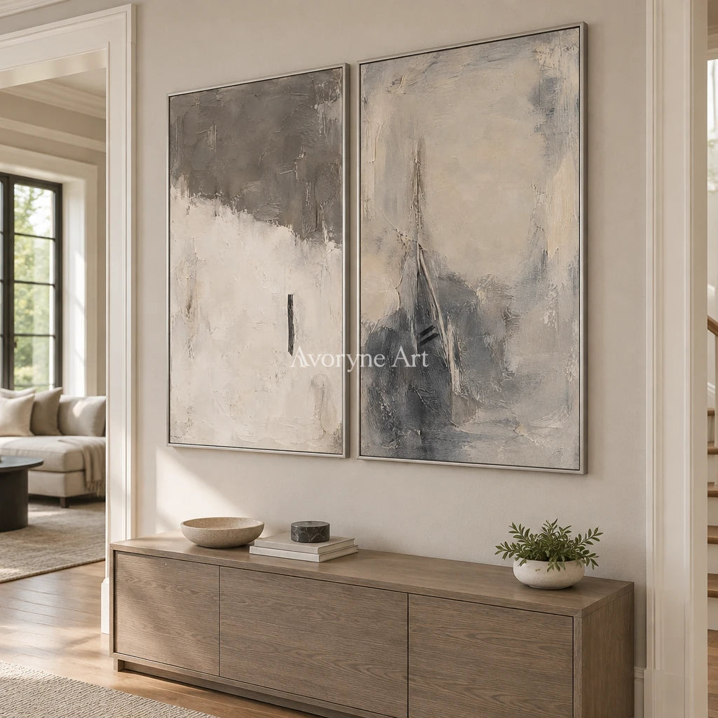 Ash Interval: Gray Abstract Diptych Art — entry silver