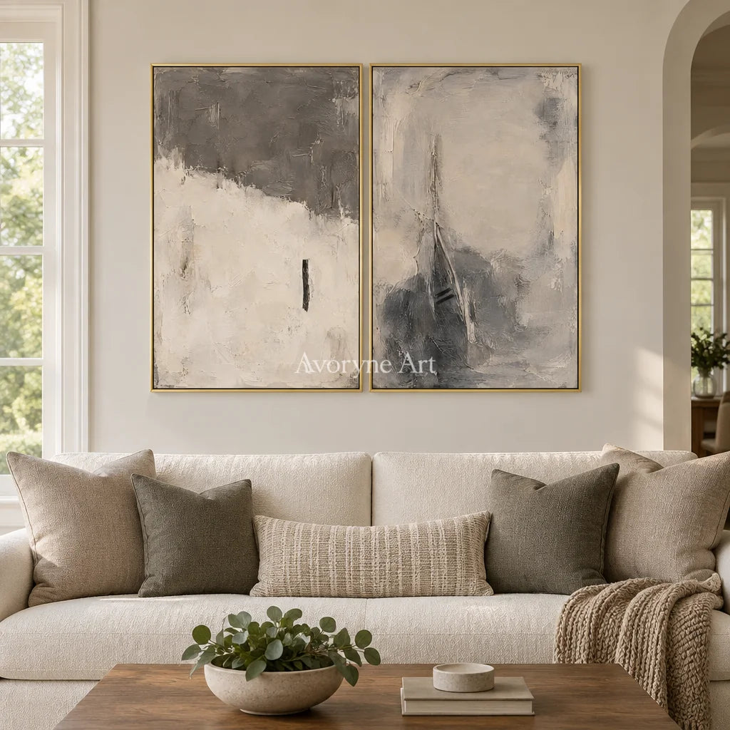 Ash Interval: Gray Abstract Diptych Art — living gold