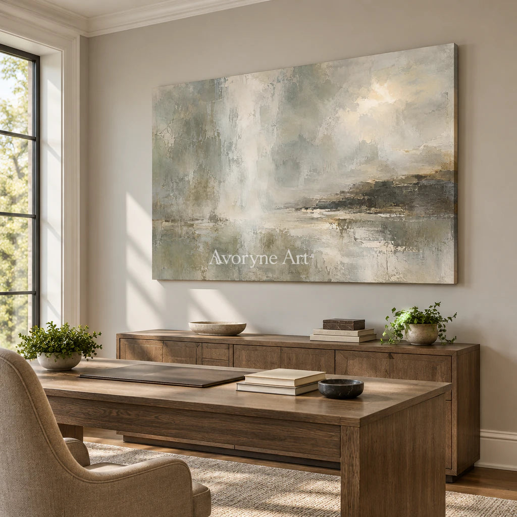 Mistward Shelf: Gray Abstract Landscape Wall Art — office frameless