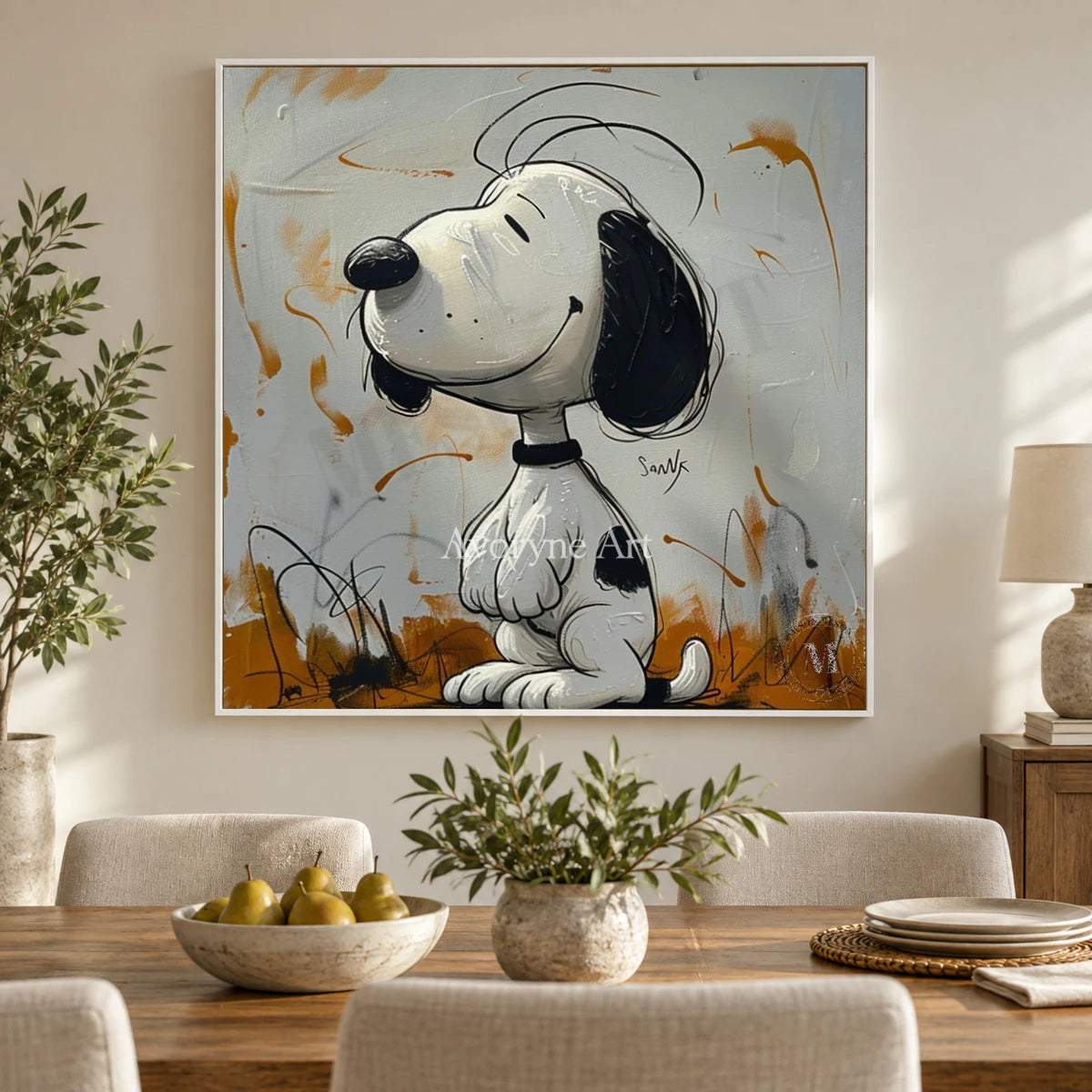 Upward Daydream: Gray Cartoon Dog Graffiti Wall Art — dining white