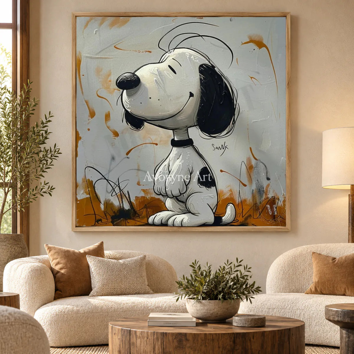 Upward Daydream: Gray Cartoon Dog Graffiti Wall Art — hotel wood