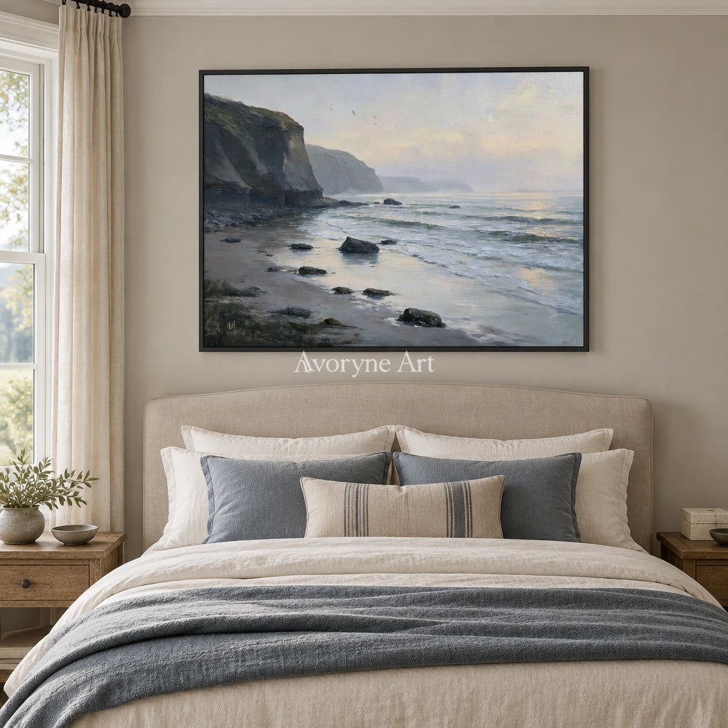 Ivory Distant Memory: Gray Coastal Art — bedroom black