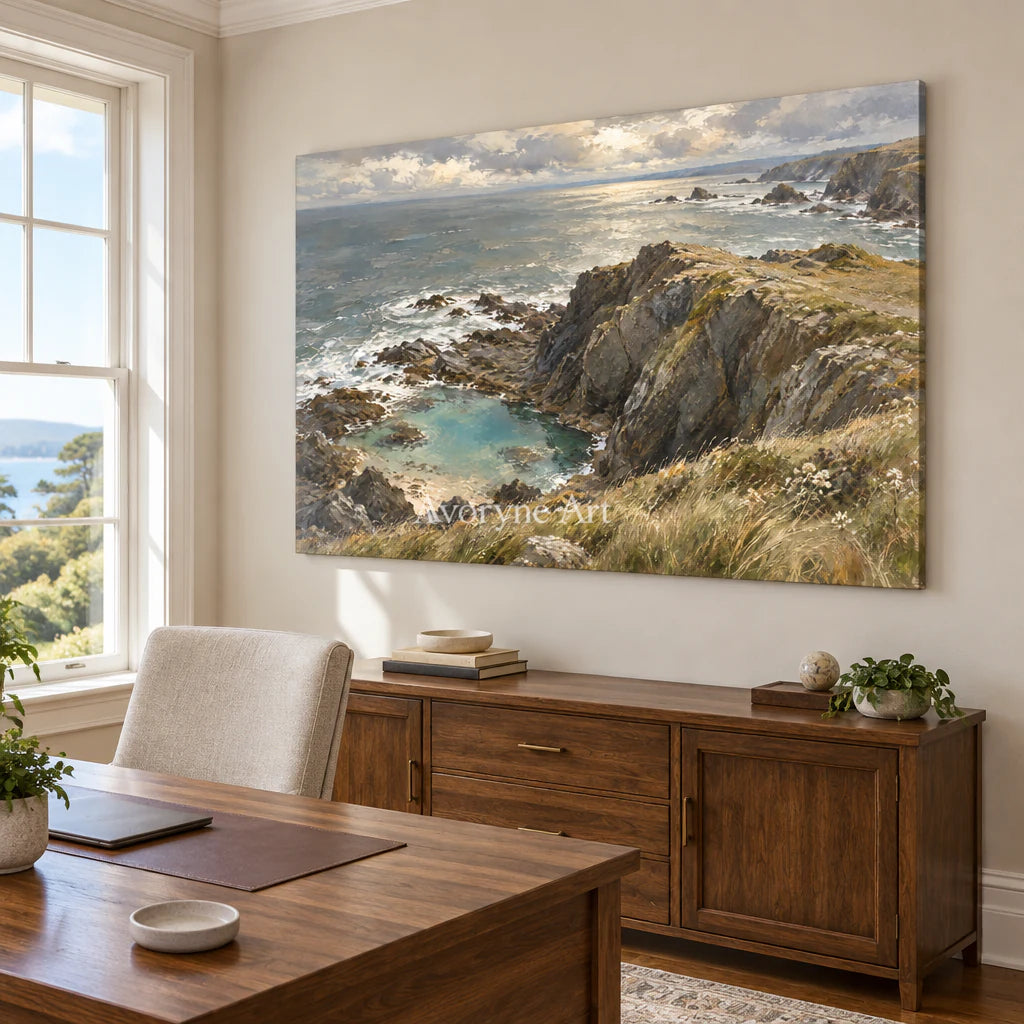 Cliffward Light: Gray Coastal Landscape Wall Art — office frameless