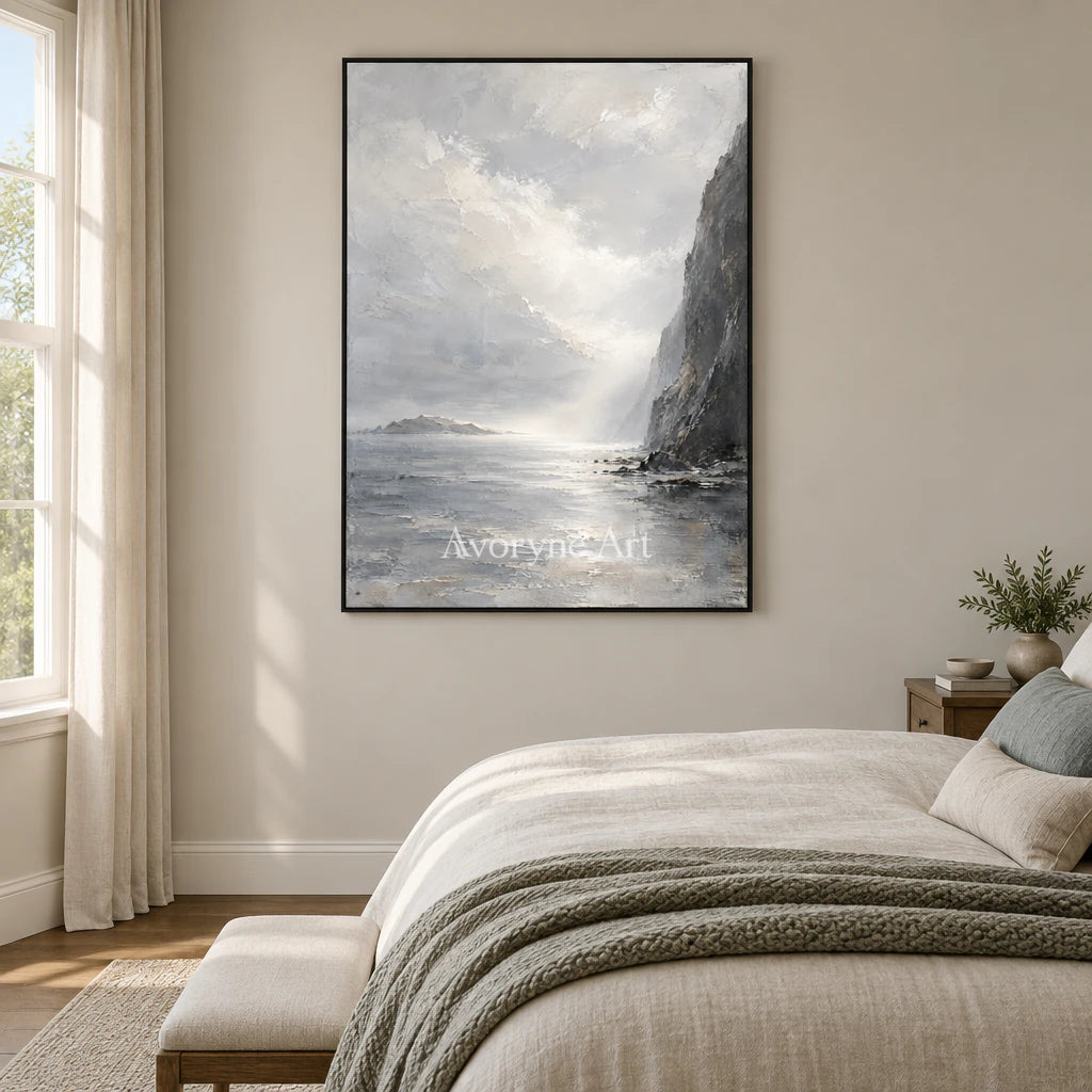 Cliffside Veil: Gray Coastal Landscape Wall Art — bedroom black