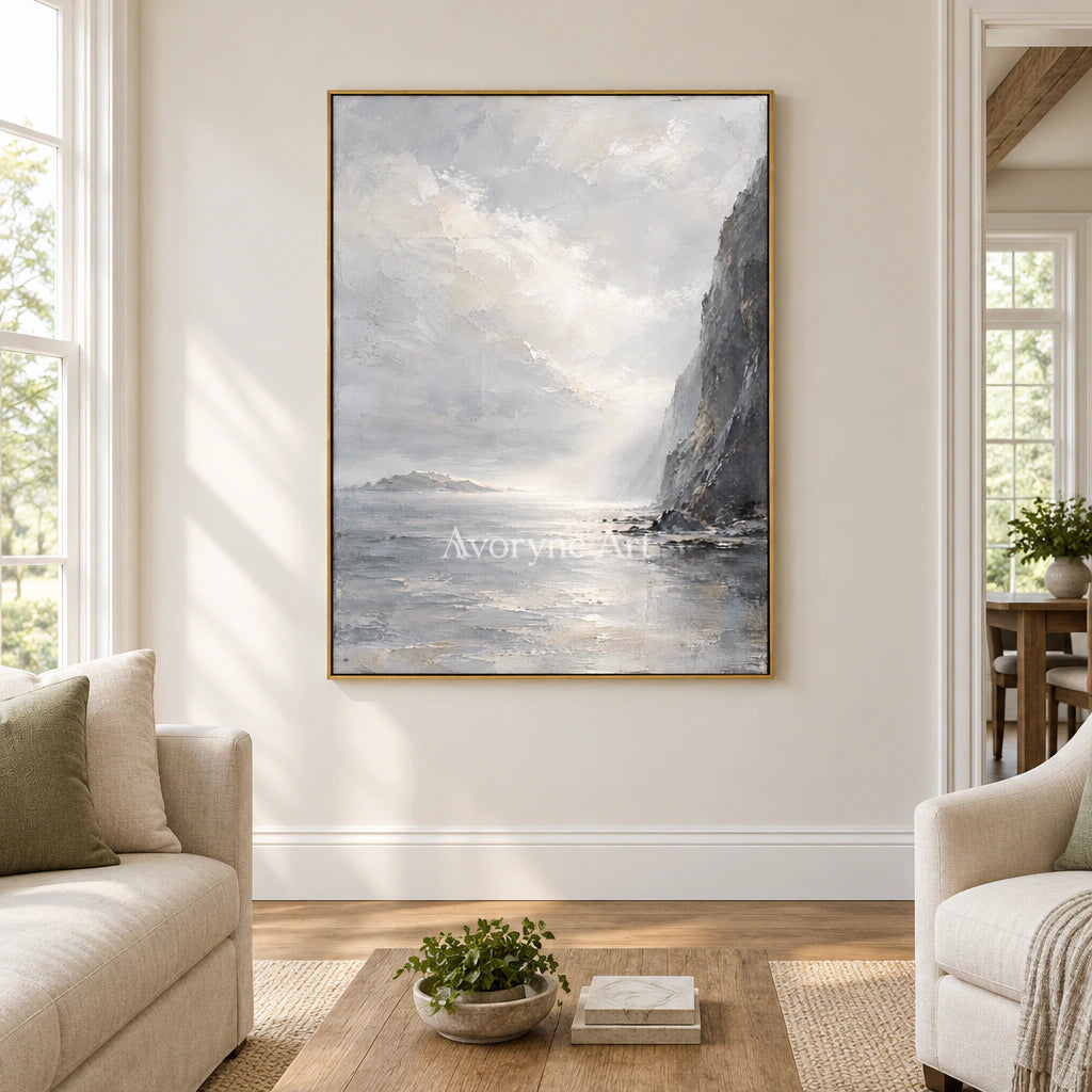 Cliffside Veil: Gray Coastal Landscape Wall Art — living gold