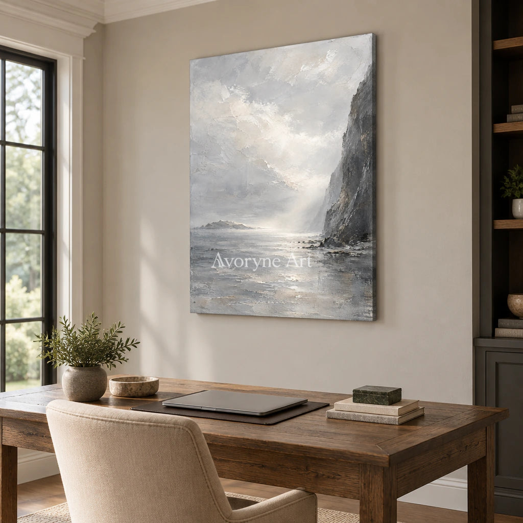 Cliffside Veil: Gray Coastal Landscape Wall Art — office frameless