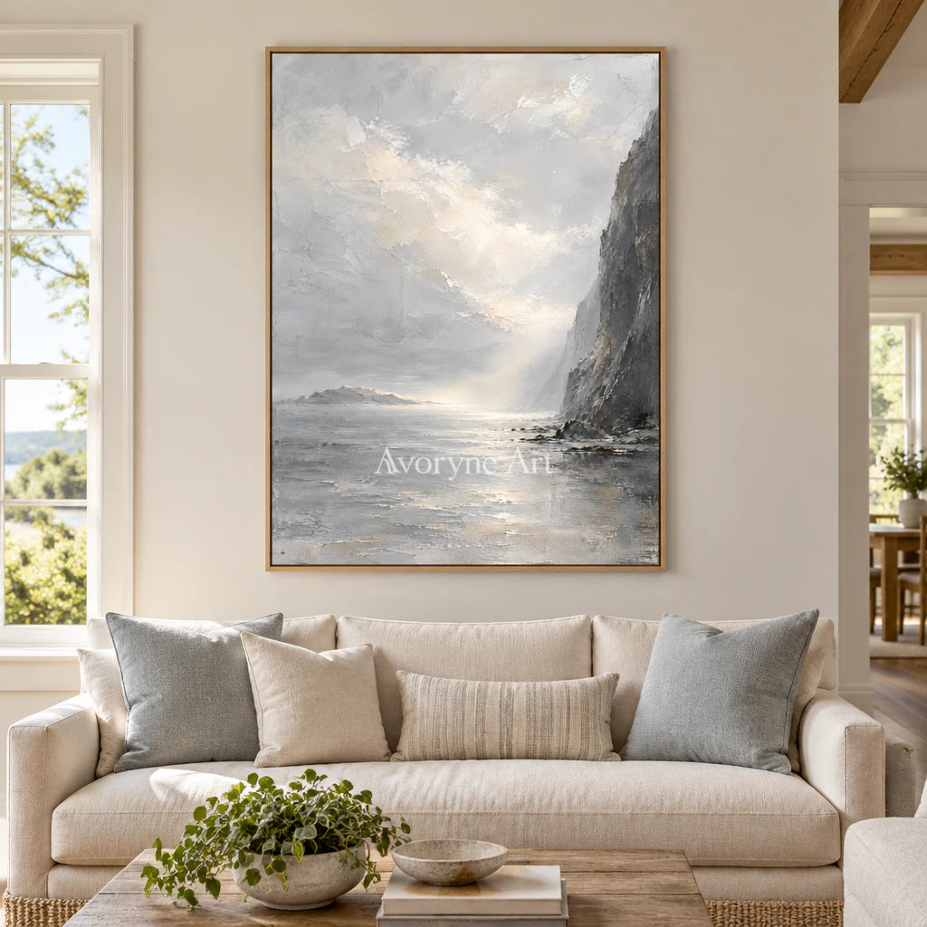 Cliffside Veil: Gray Coastal Landscape Wall Art — villa wood