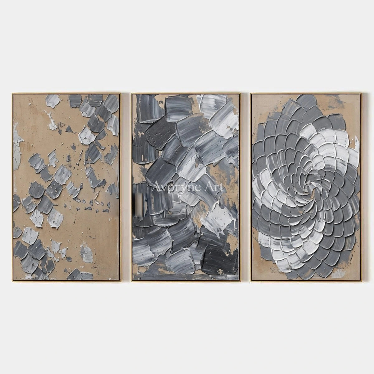 Mineral Trace, hand-painted gray curl relief triptych by Alessio Varenna