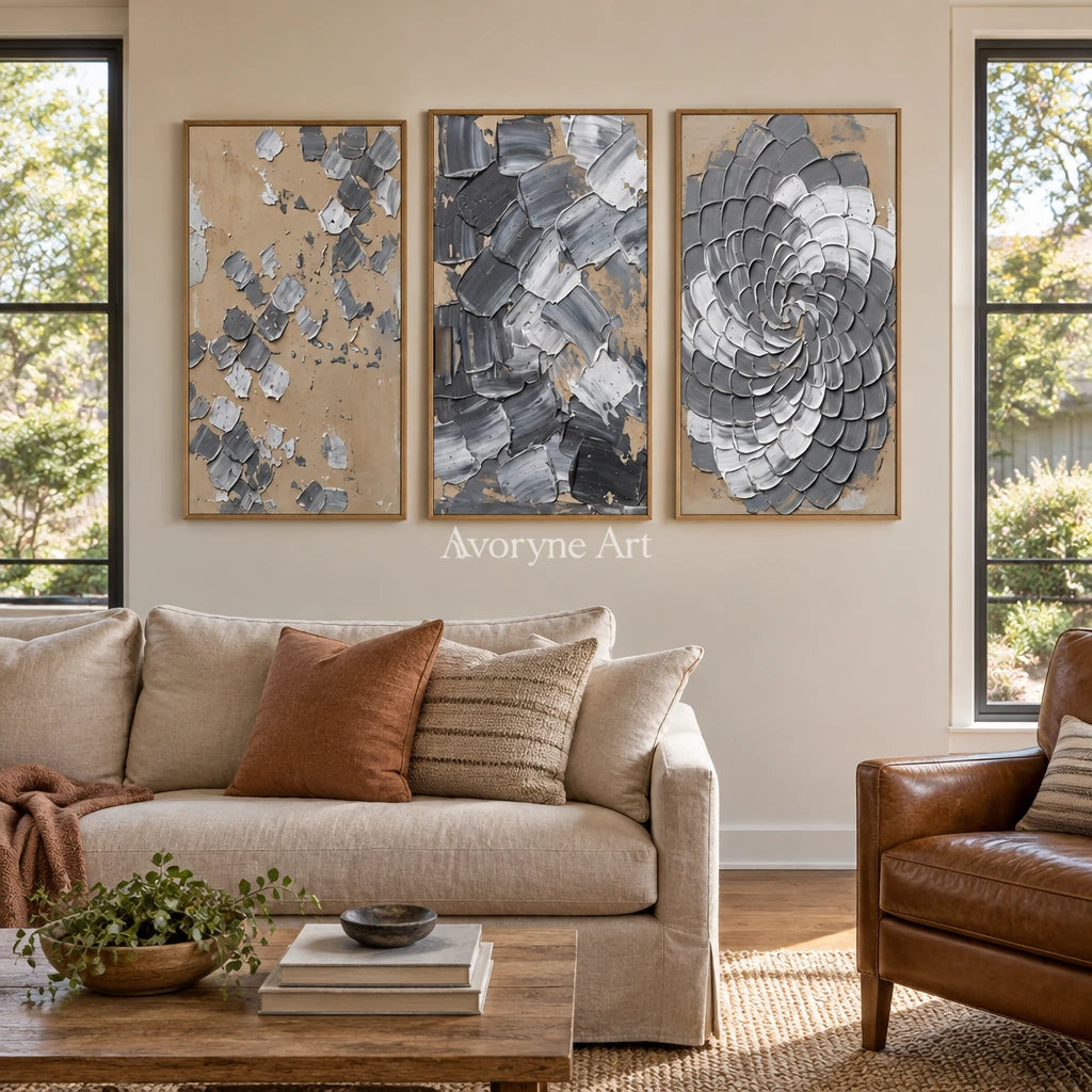 Mineral Trace gray curl relief triptych with a wood frame in a villa living space