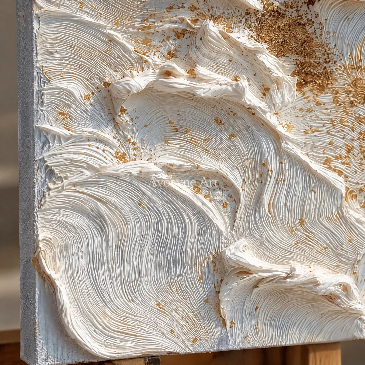 Close-up of the hand-painted texture of Gentle Refrain gray flow relief wall art on an easel