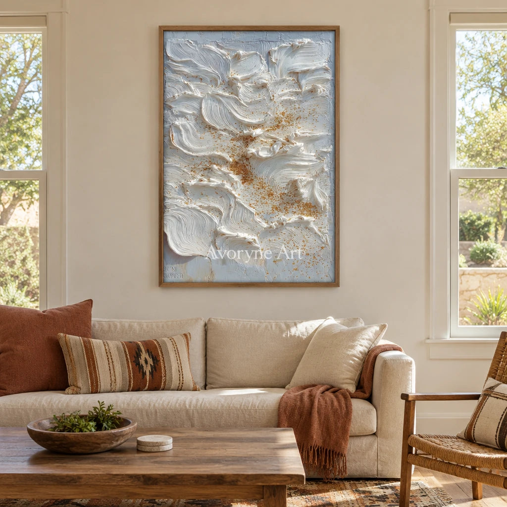 Gentle Refrain gray flow relief wall art with a wood frame in a villa living space