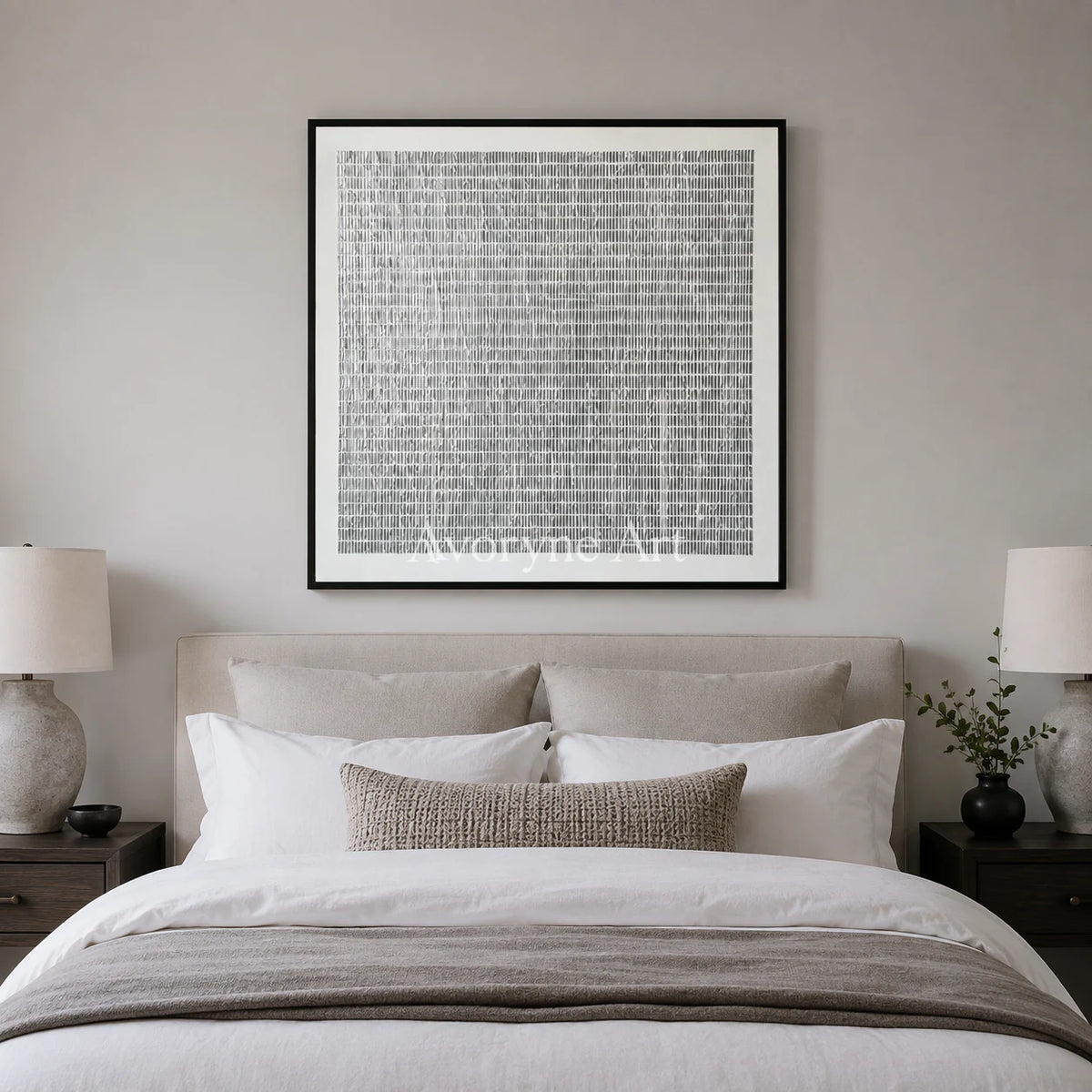 Woven Quiet: Gray Linear Minimalist Square Wall Art - bedroom black frame