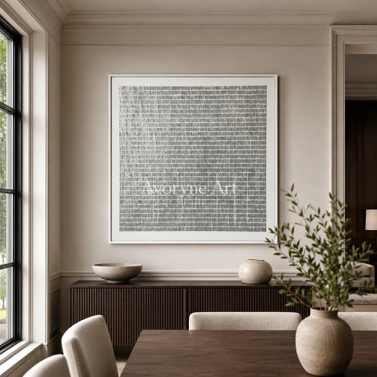 Woven Quiet: Gray Linear Minimalist Square Wall Art - dining room white frame