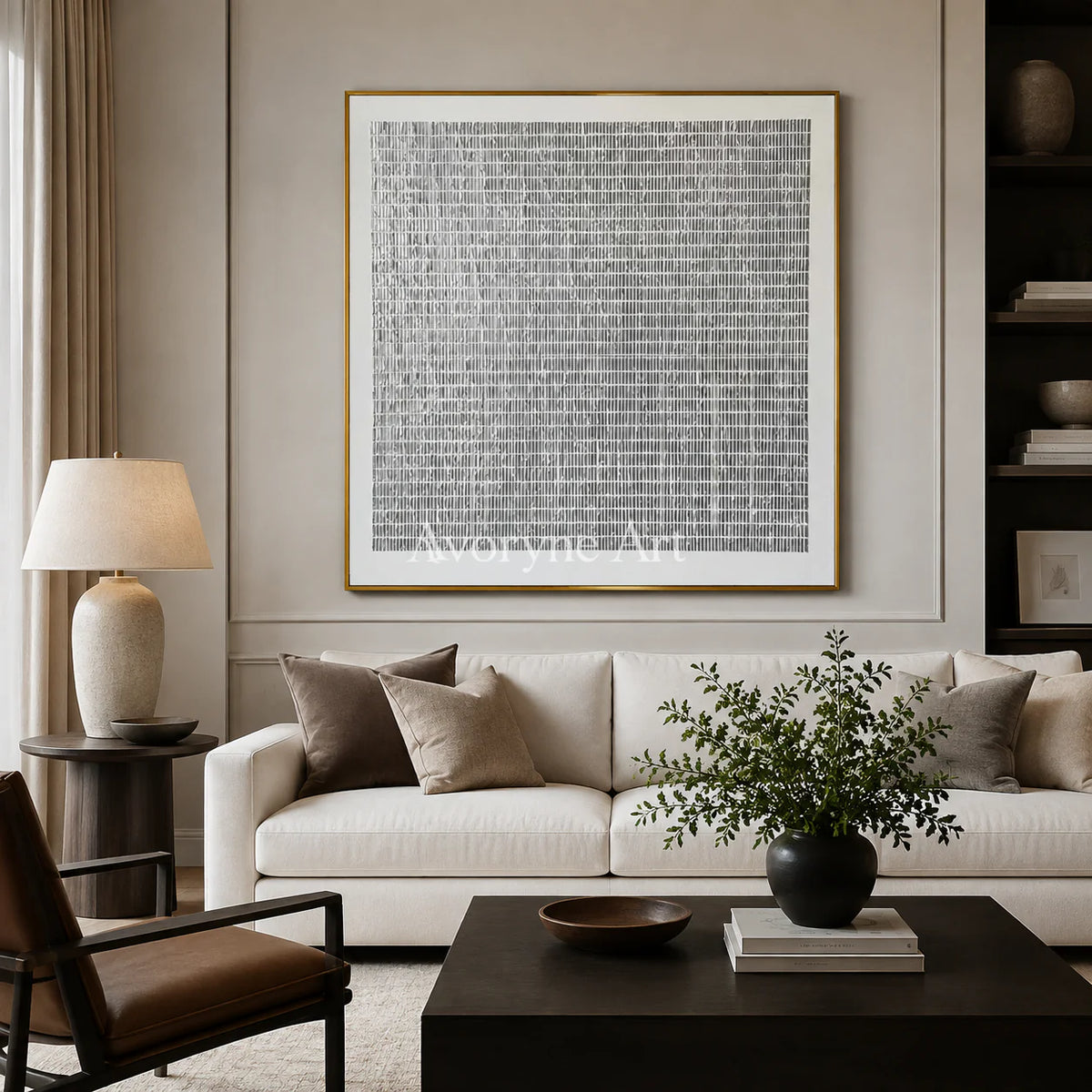 Woven Quiet: Gray Linear Minimalist Square Wall Art - living room gold frame