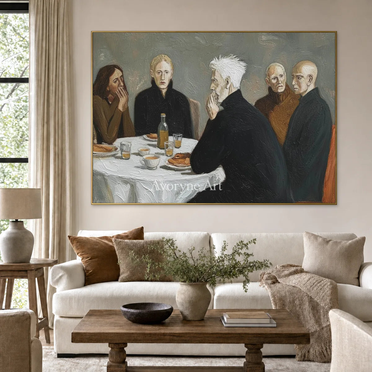 At the Quiet Table: Gray Men at Dinner Figurative Wall Art — living gold