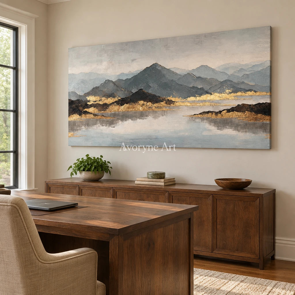 Aster Bay: Gray Mountain Lake Art — office frameless