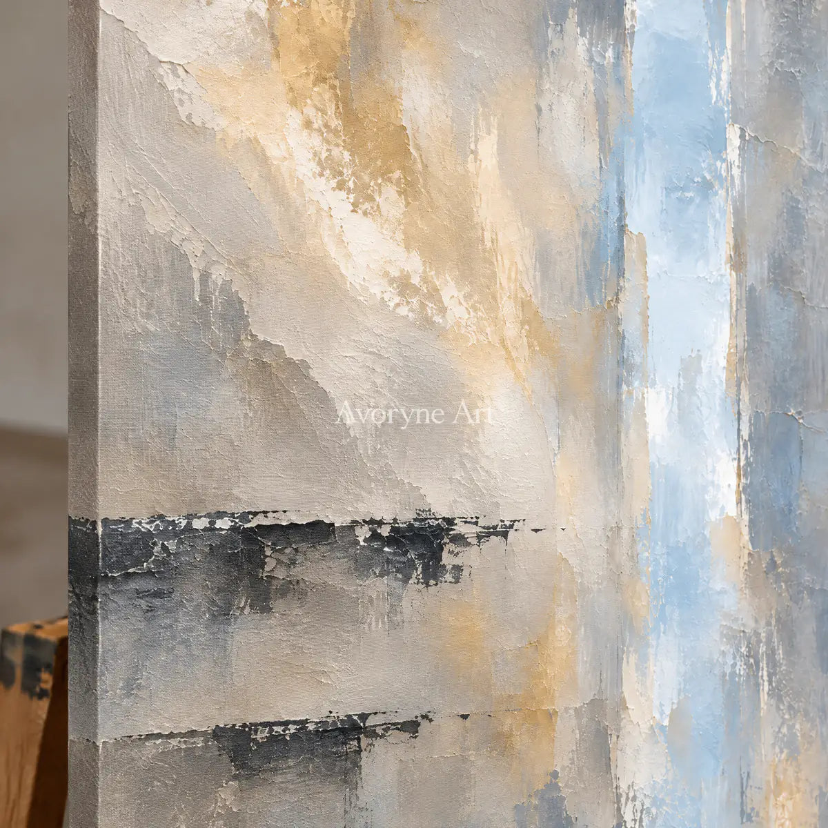 Veiled Blue: Gray Neutral Abstract Landscape Wall Art — detail easel