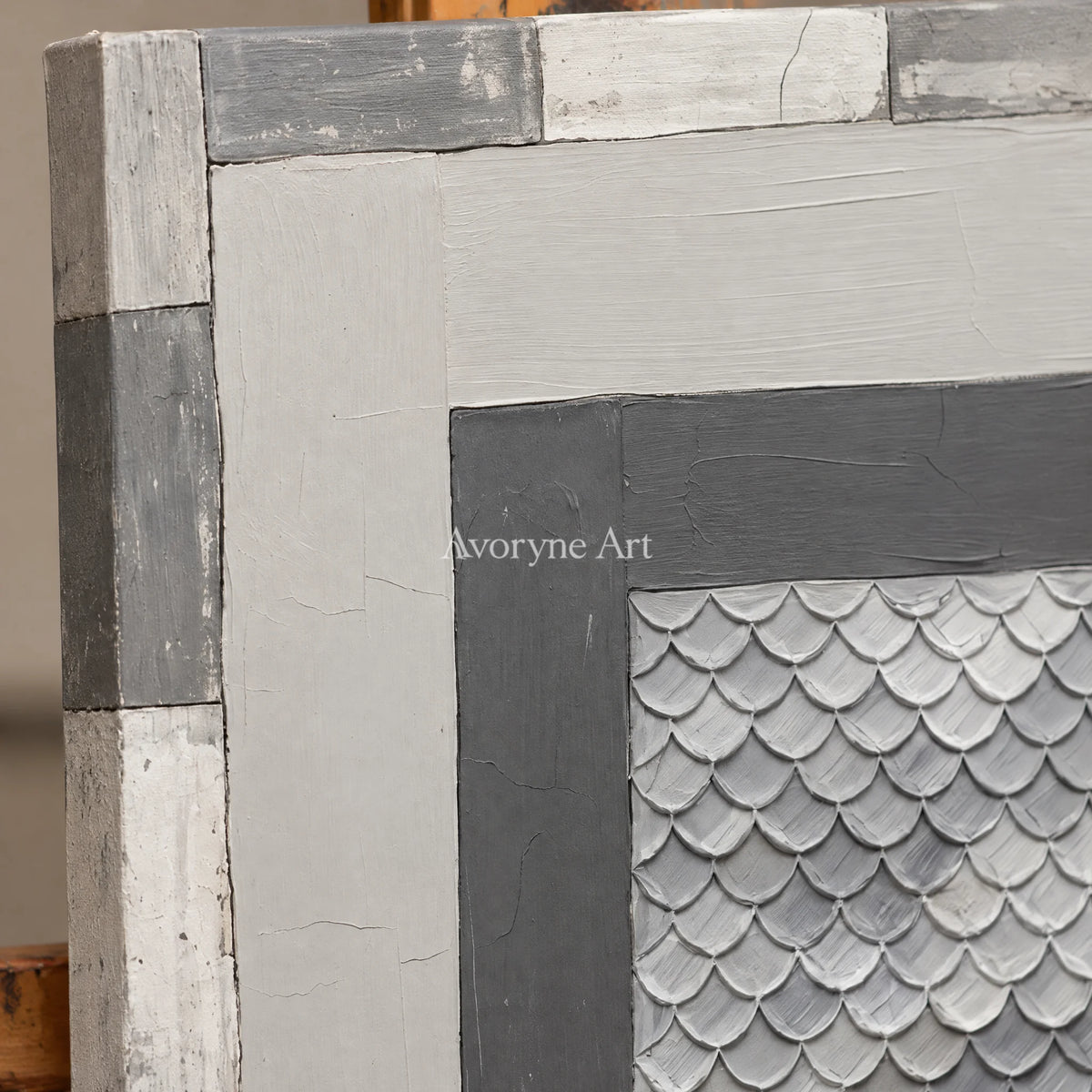 Close-up of the hand-painted texture of Hushed Echo gray scale relief wall art on an easel