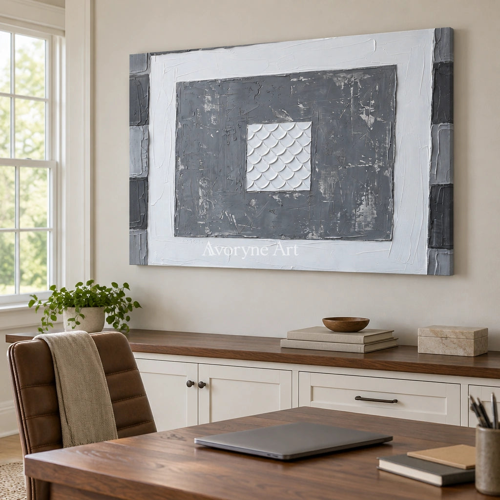 Hushed Mosaic gray scale relief wall art as a frameless stretched canvas in a home office
