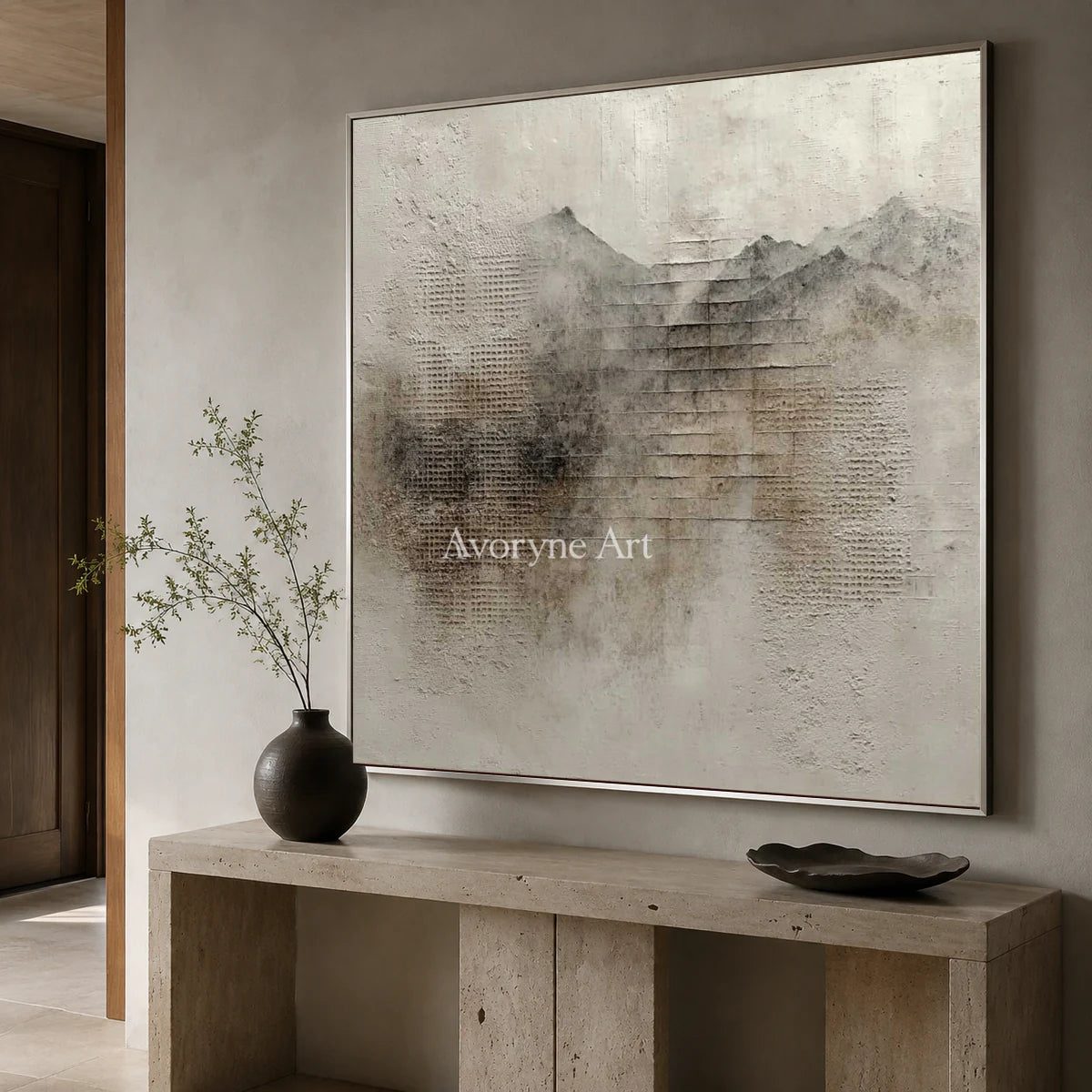 Weathered Altitude: Gray Textured Mountain Abstract Wall Art — entry silver