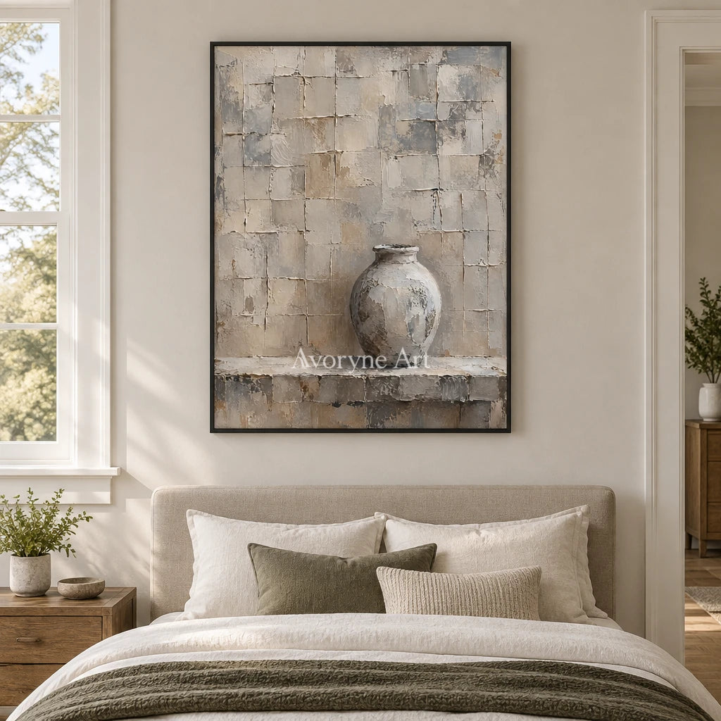 Quiet Kiln: Gray Vase Textured Wall Art Wall Art — bedroom black