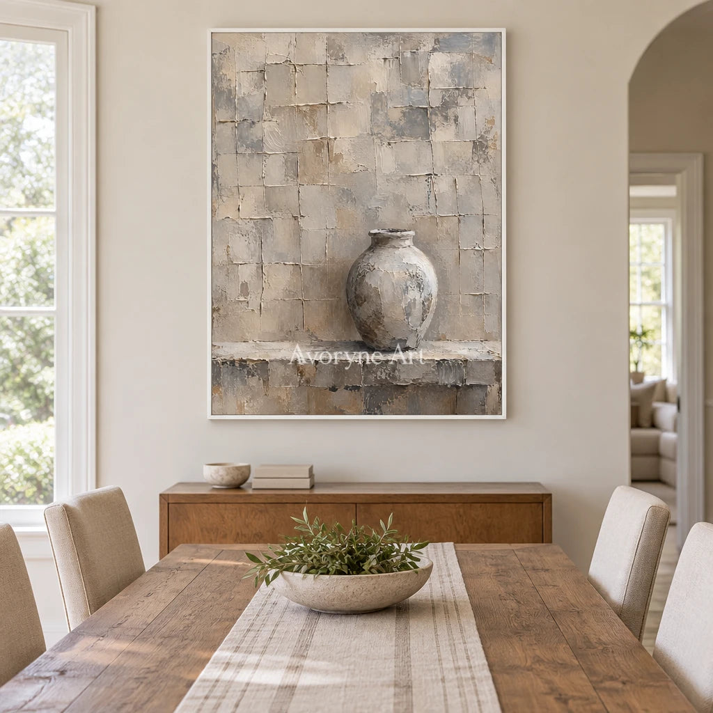 Quiet Kiln: Gray Vase Textured Wall Art Wall Art — dining white