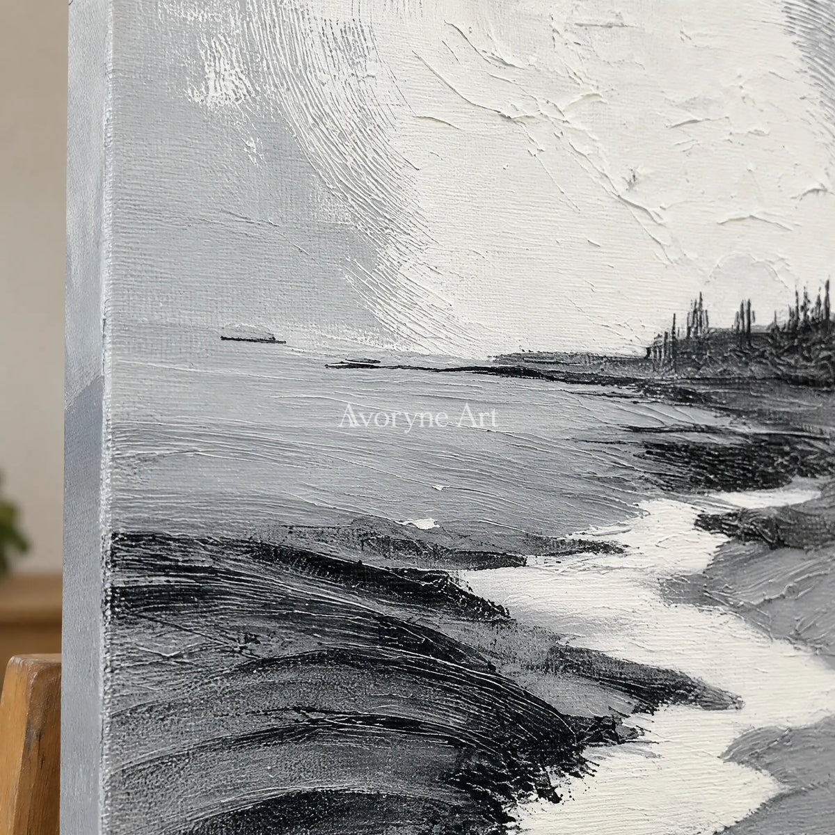 Close-up of the hand-painted texture of Pale Measure gray water landscape wall art on an easel