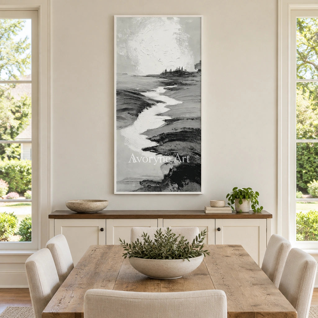 Pale Measure gray water landscape wall art with a white frame in a dining room