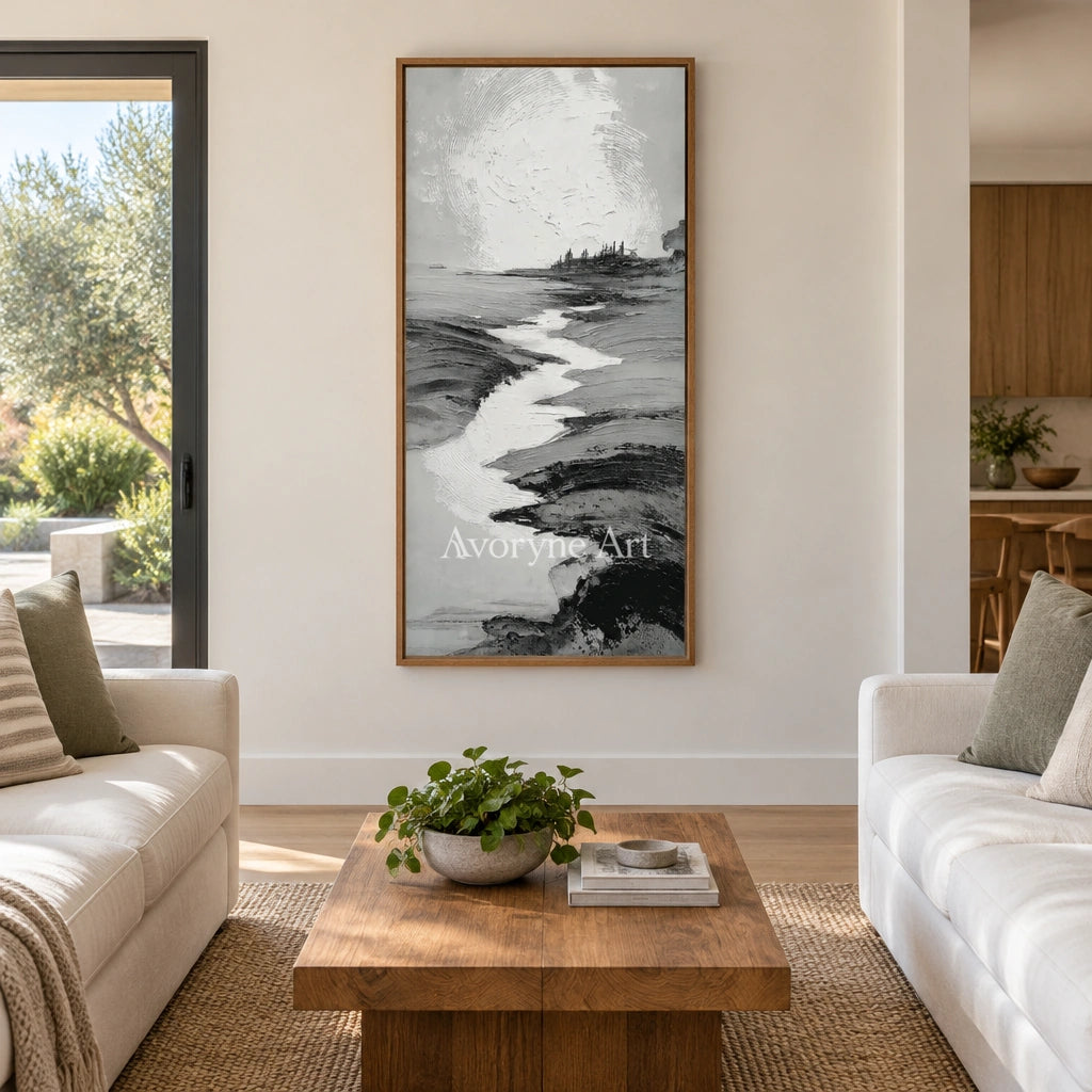 Pale Measure gray water landscape wall art with a wood frame in a villa living space