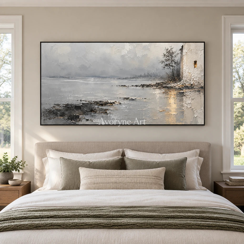 Harbor Glimmer: Gray Waterside Landscape Art — bedroom black