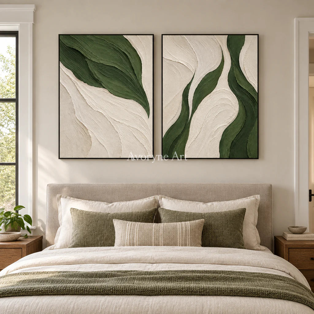 Verdant Current: Green Abstract Diptych Wall Art — bedroom black