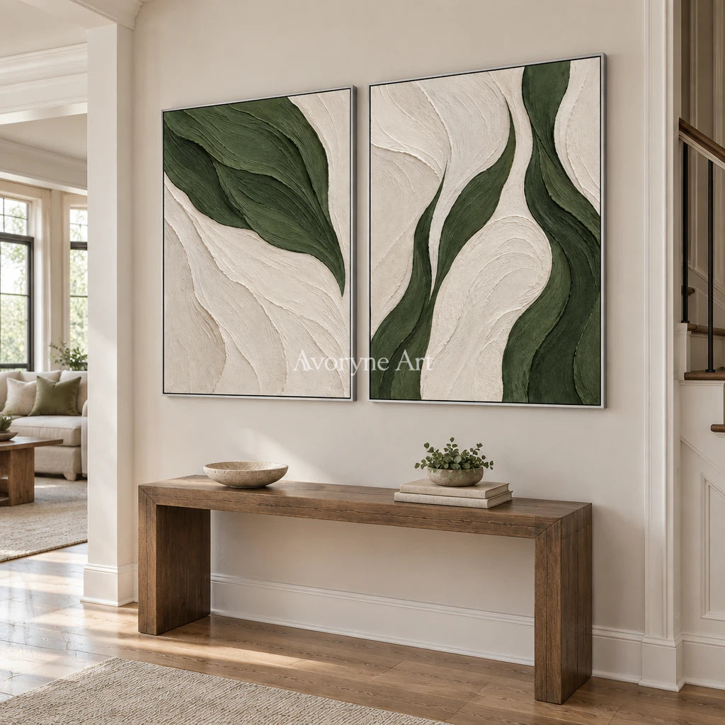 Verdant Current: Green Abstract Diptych Wall Art — entry silver
