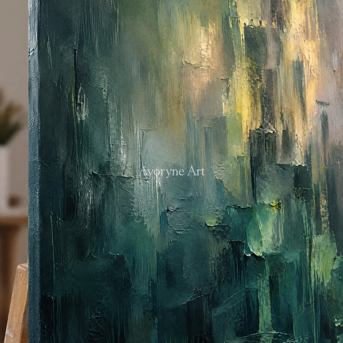 Verdant Glimmer: Green Abstract Layers Wall Art — detail easel