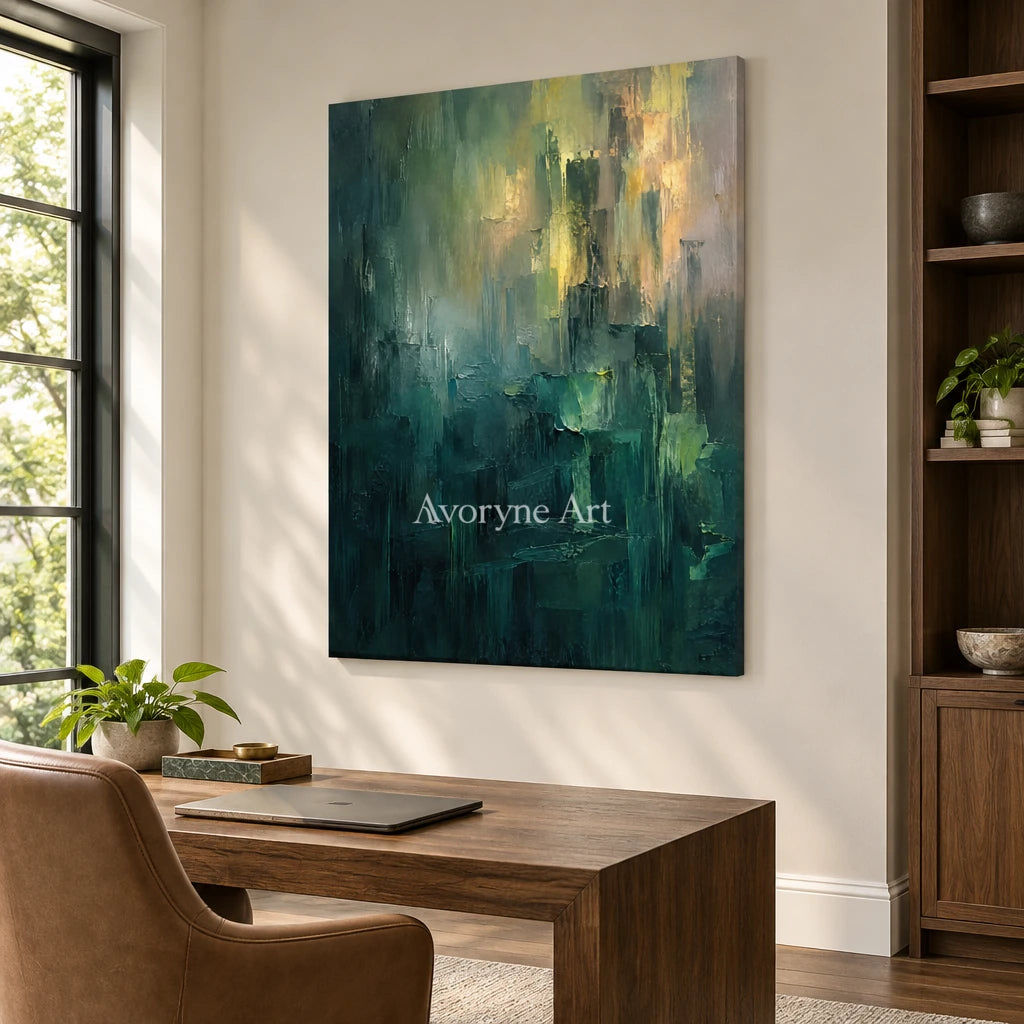 Verdant Glimmer: Green Abstract Layers Wall Art — office frameless