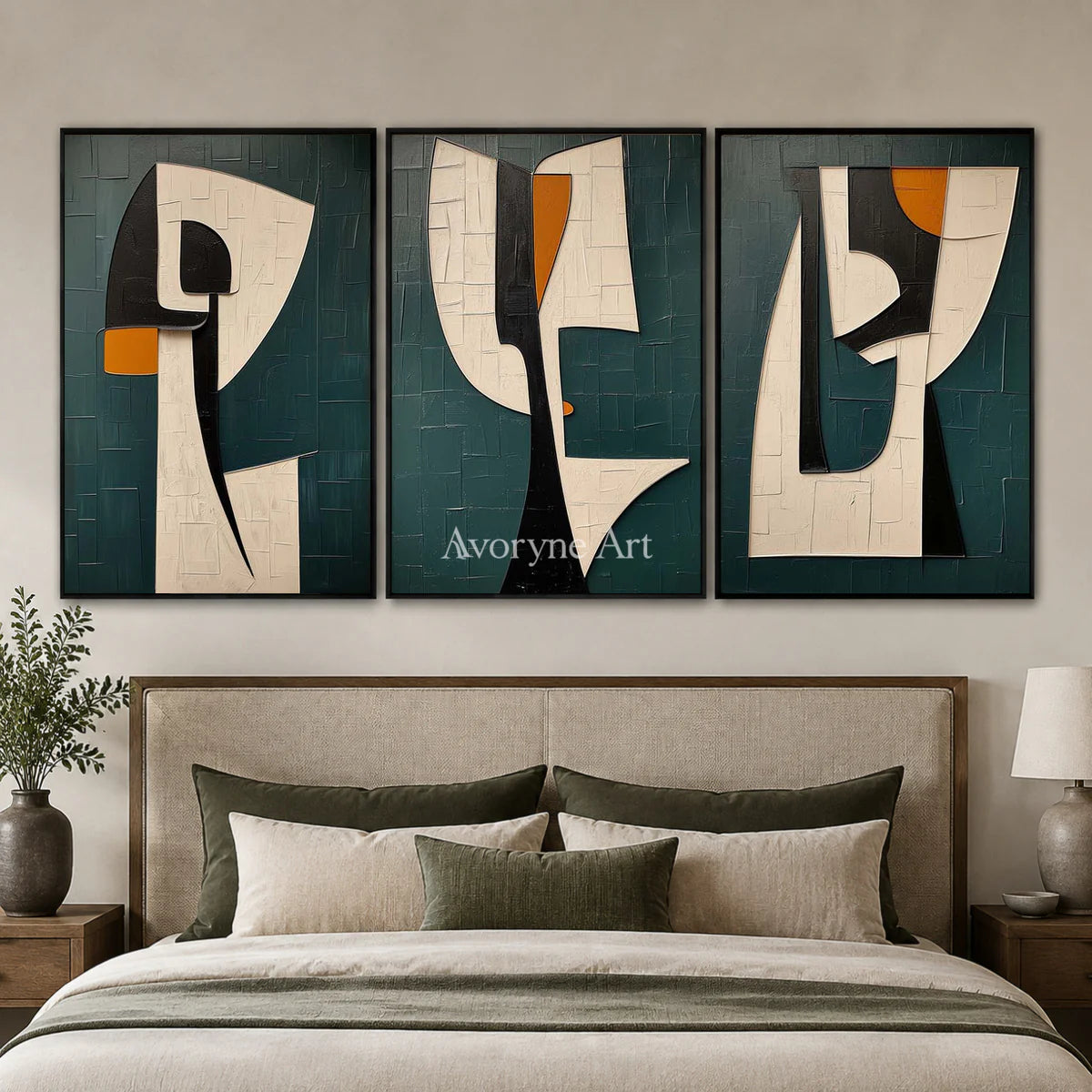 Threefold Dialogue: Green Cubist Portrait Triptych Wall Art — bedroom black