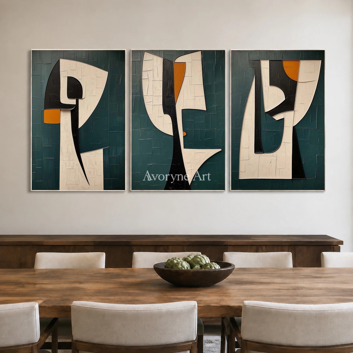 Threefold Dialogue: Green Cubist Portrait Triptych Wall Art — dining white