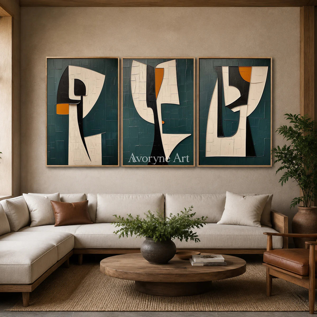 Threefold Dialogue: Green Cubist Portrait Triptych Wall Art — hotel wood