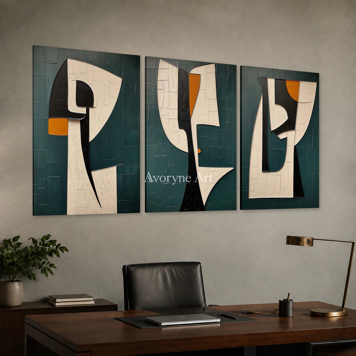 Threefold Dialogue: Green Cubist Portrait Triptych Wall Art — office frameless