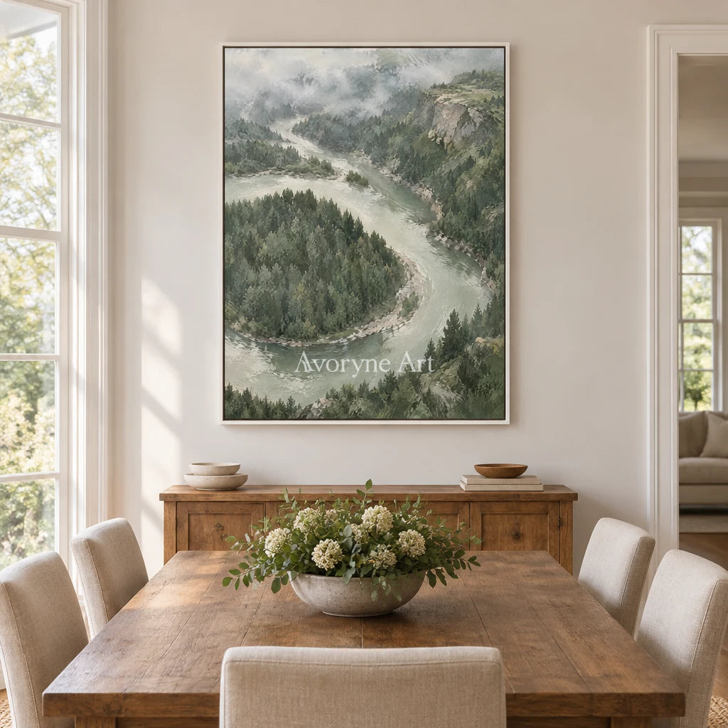 Riverward Pines: Green Forest Landscape Wall Art — dining white