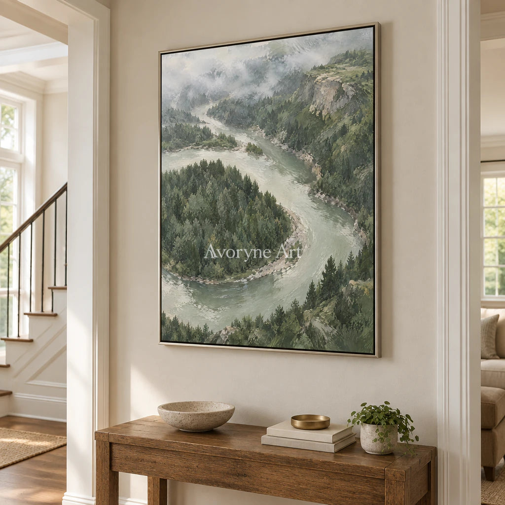 Riverward Pines: Green Forest Landscape Wall Art — entry silver