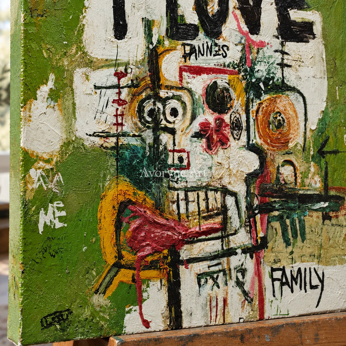 Kinship in Marks: Green Graffiti Figure Wall Art — detail easel