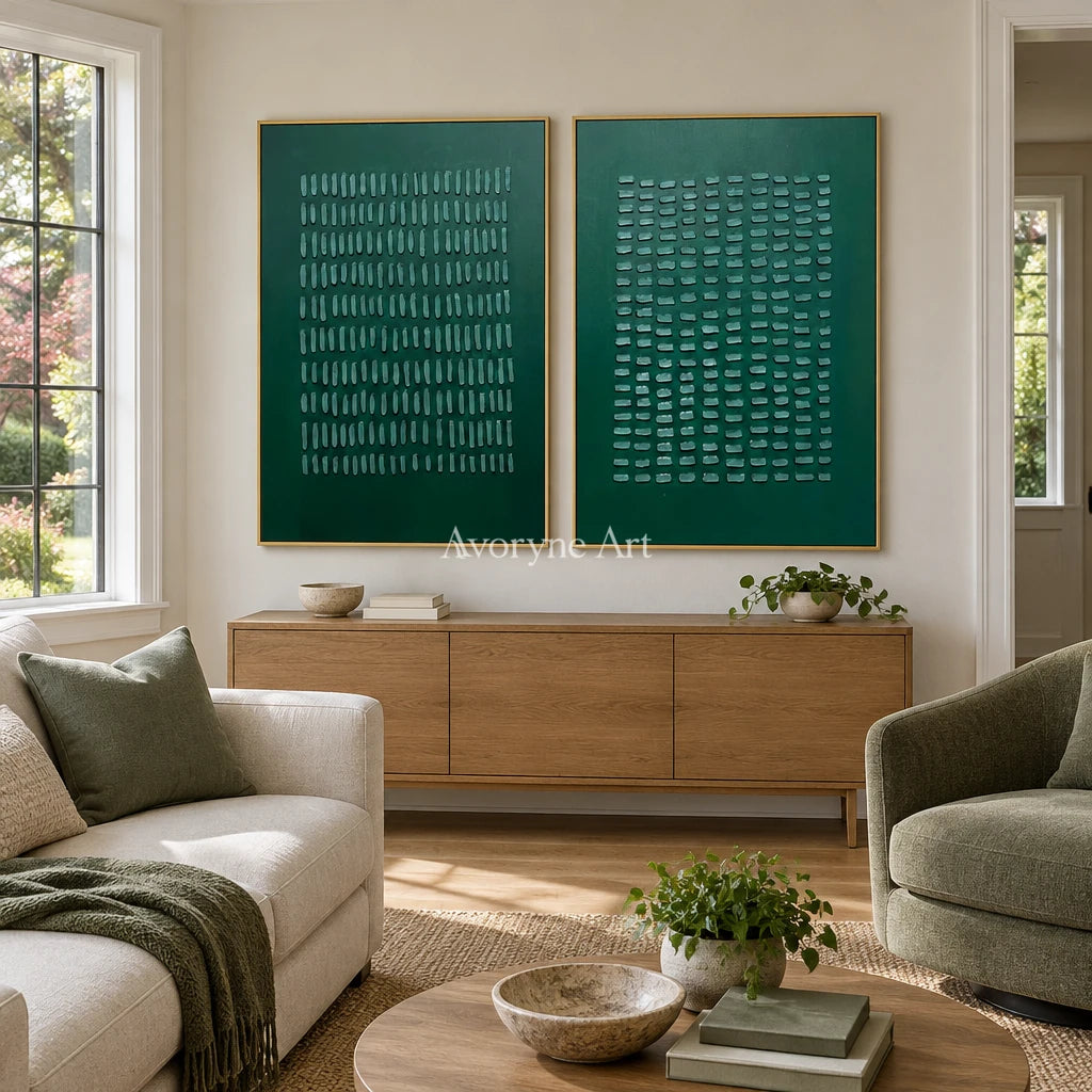 Muted Cadence green grid relief diptych with a gold frame hanging in a living room
