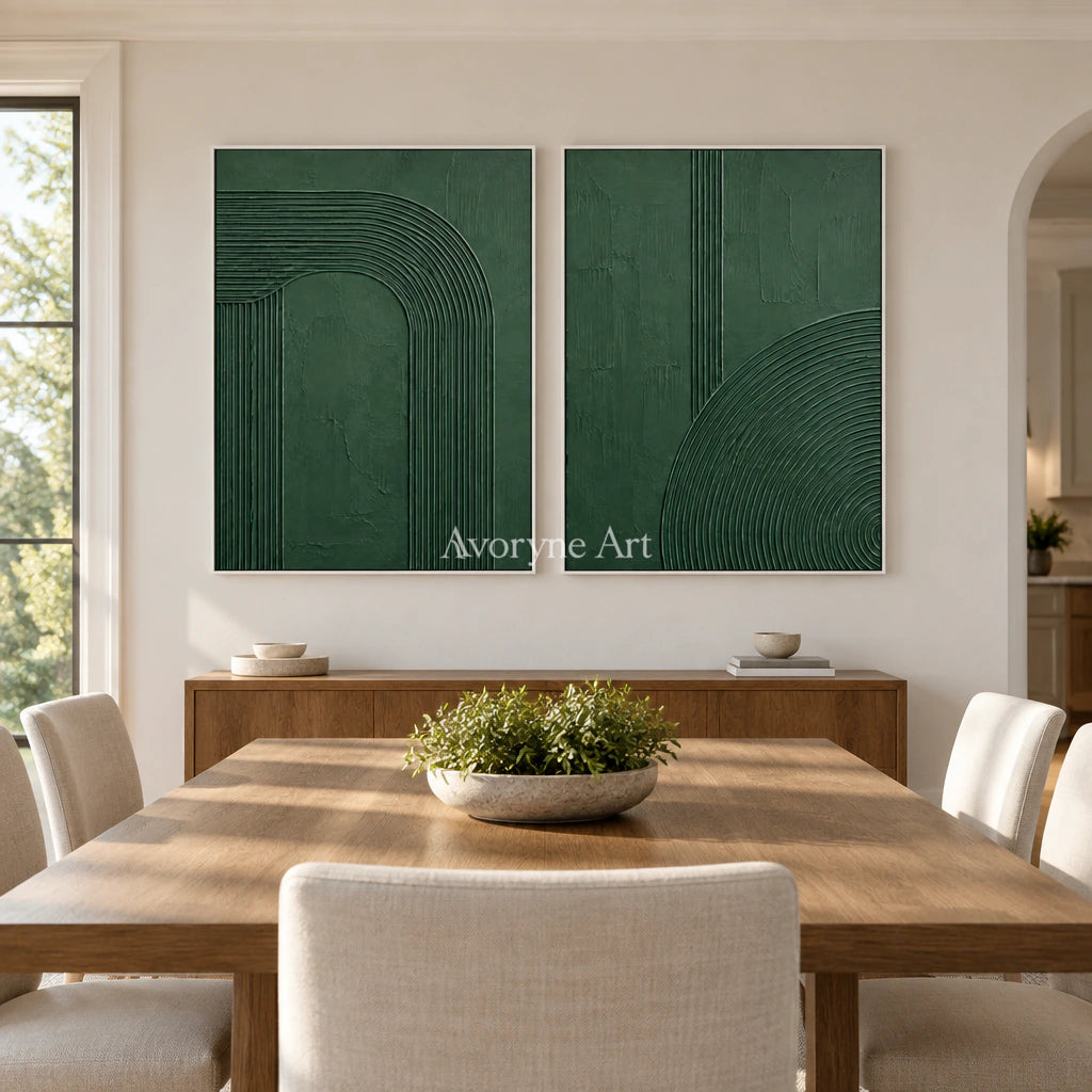 Forest Contours: Green Grooved Diptych Wall Art — dining white