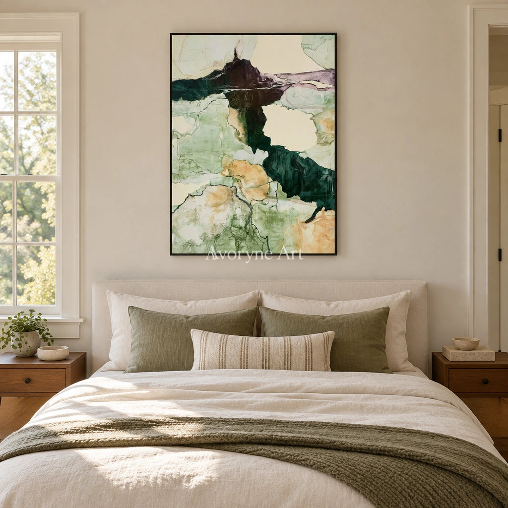 Ivory Painted Gesture: Green Mineral Abstract — bedroom black